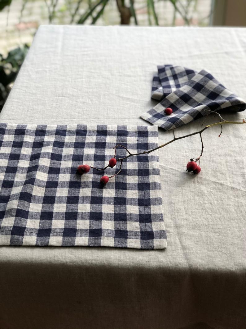 Blue Checks Linen Napkins, Set of Six Natural Cloth Napkins