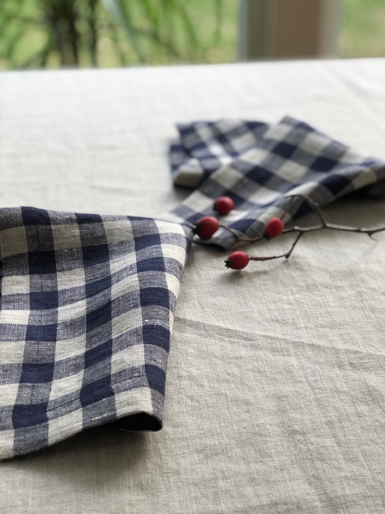 Blue Checks Linen Napkins, Set of Six Natural Cloth Napkins