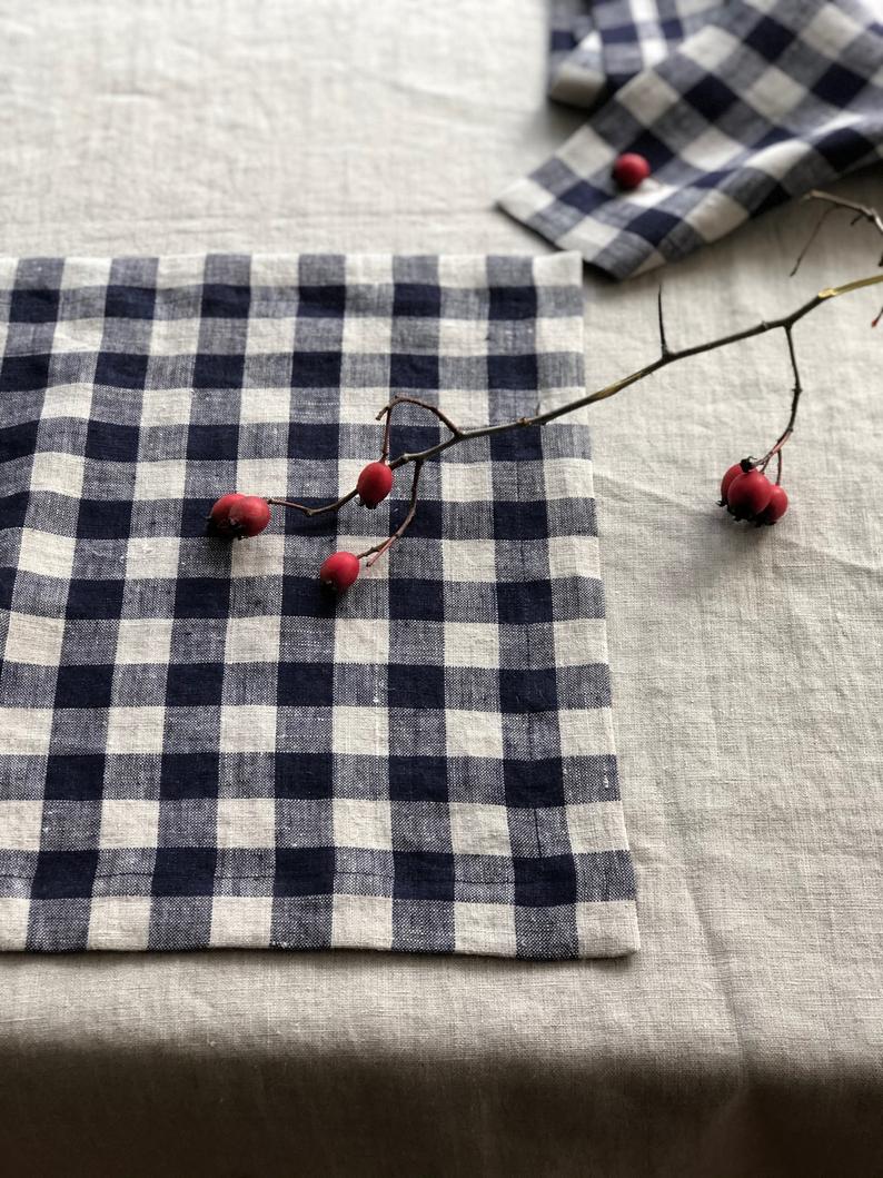Blue Checks Linen Napkins, Set of Six Natural Cloth Napkins
