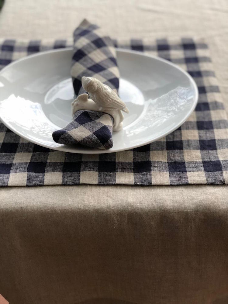 Blue Checks Linen Napkins, Set of Six Natural Cloth Napkins