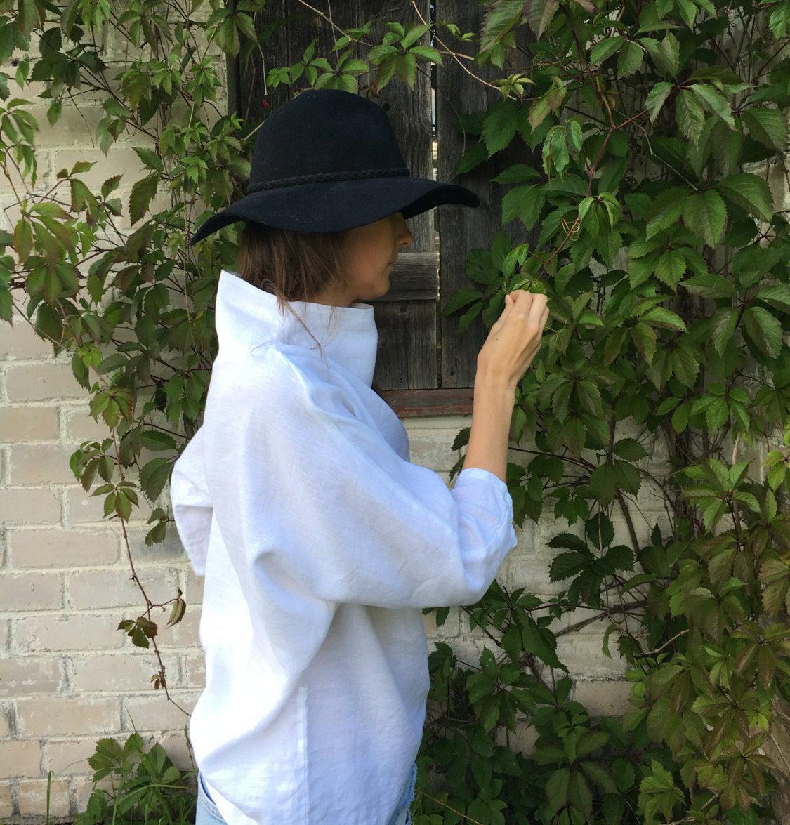 Linen Tunic with raised neck, Loose Linen Shirt, Linen blouse, Plus size top, top with 3/4 sleeves, long sleeved shirt, plus size clothing