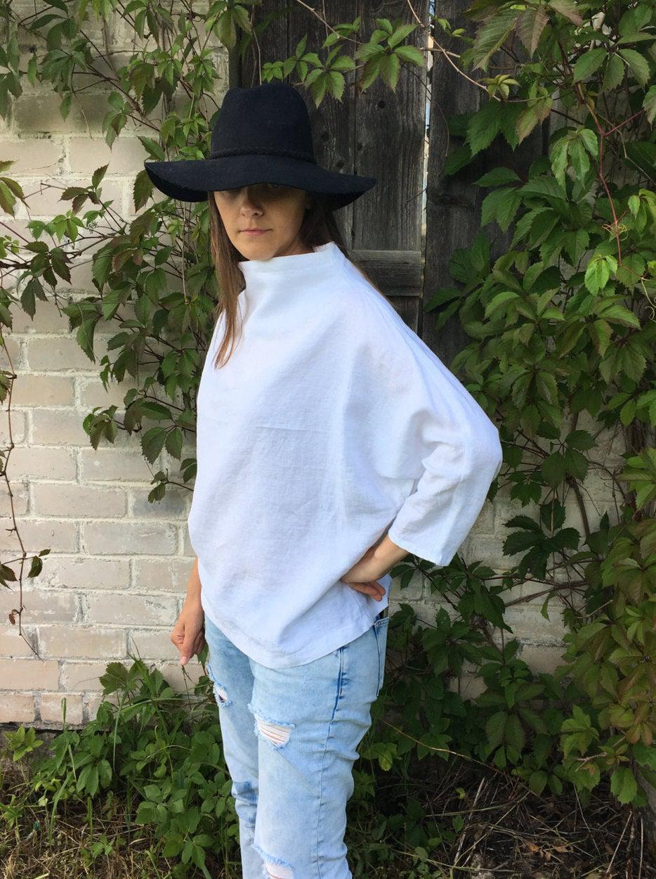 Linen Tunic with raised neck, Loose Linen Shirt, Linen blouse, Plus size top, top with 3/4 sleeves, long sleeved shirt, plus size clothing