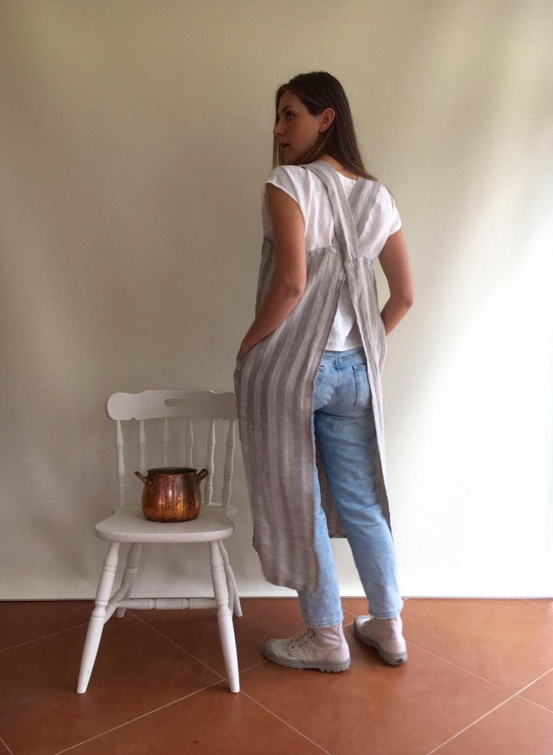 Striped Pinafore Apron, Japanese Apron, Long Linen Apron, Kitchen Apron, Crafts Apron, Womens Apron, Vintage, Handmade, Cross over apron