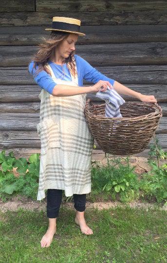 Tartan Pinafore Apron, Crafts Apron, Womens Apron, Vintage, Handmade, Cross over apron, Japanese Apron, Long Linen Apron, Kitchen Apron