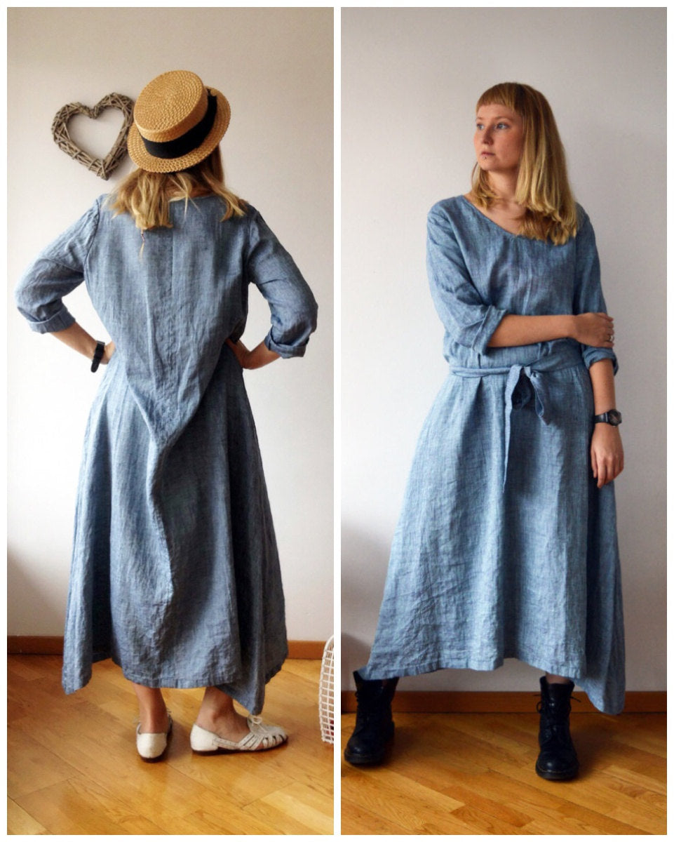 Linen Maxi Dress with Long Sleeves, Blue dress, Linen Dress, Plus size dress, Tunic Dress Trapeze, Plus size Maxi Linen Dress, Long linen