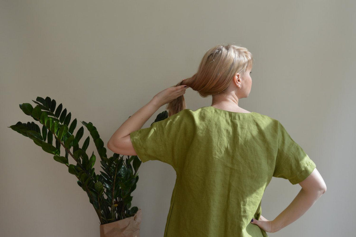 Linen Tunic Dress, Green Tunic, womens tunic, plus size tunic, linen tunics for women, linen dress with sleeves, natural linen dress, loose