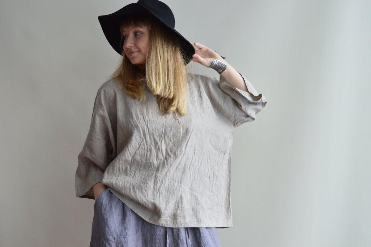 Oversized linen top, boxy top, Plus size linen shirt, Plus size top, Boho Top, Boxy Shirt, Oversized Black Top, 3/4 sleeves, Linen Tunic Top