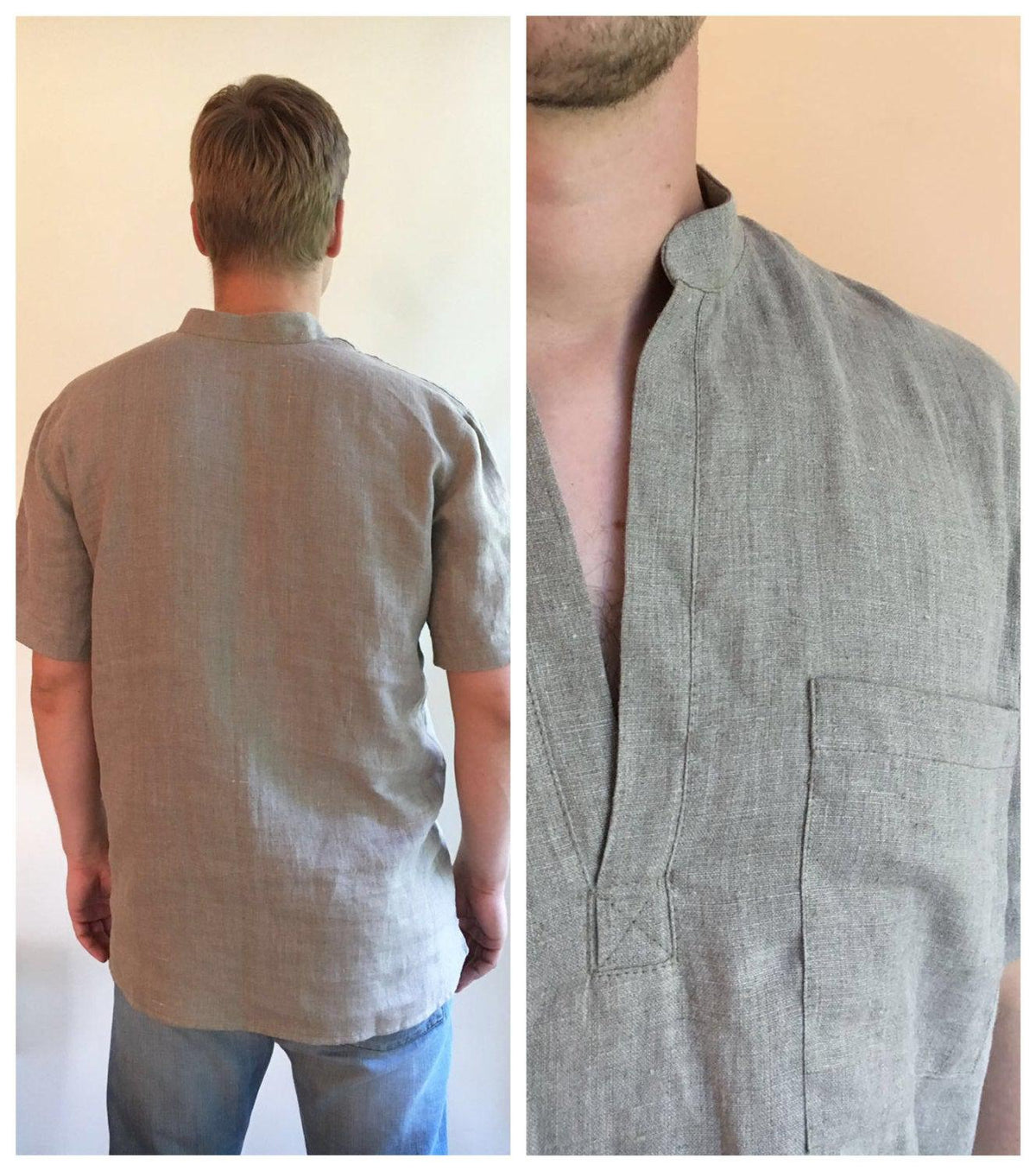 Mens Linen Shirt with Short Sleeves, Linen Polo shirt, men gift, Short Sleeved Shirt Boho Shirt Casual Natural Beach Wedding Plus size shirt