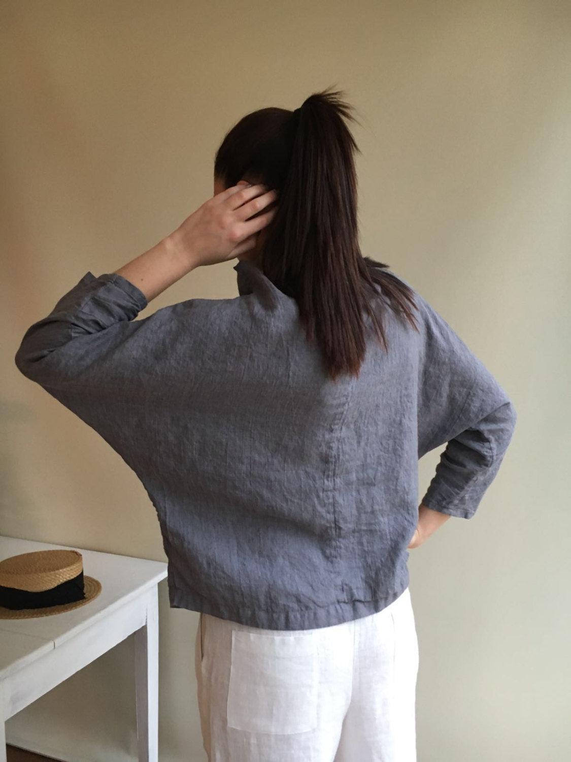 Linen Top with raised neck, Loose Linen Tunic, Linen blouse, Plus size top, shirt with 3/4 sleeves, long sleeved shirt, plus size clothing