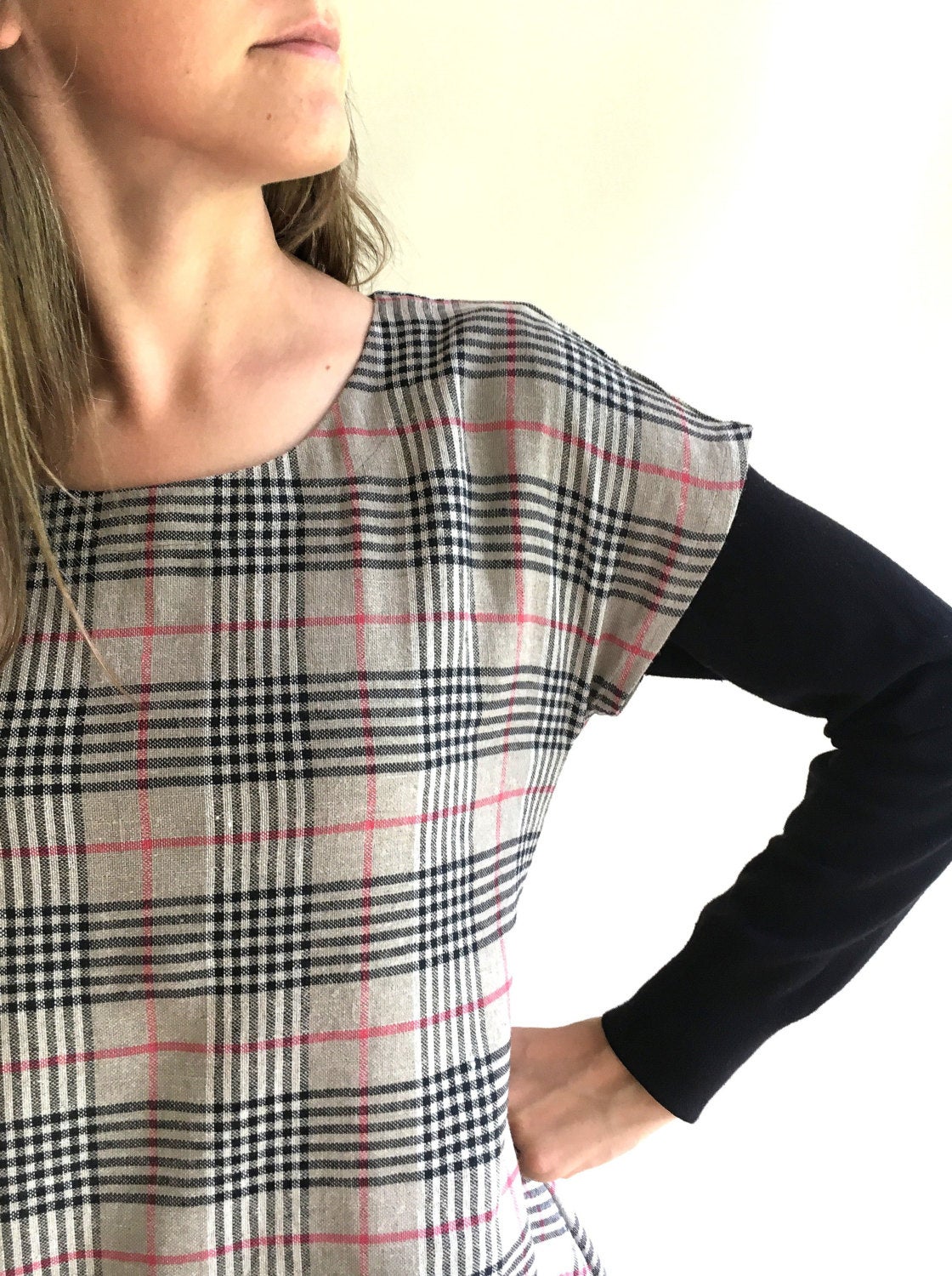 Warm Linen Dress, Autumn Dress, Mid Season Dress, Office Dress, Tartan Dress, Linen Plaid dress, XL dress, Plus size linen dress, Winter