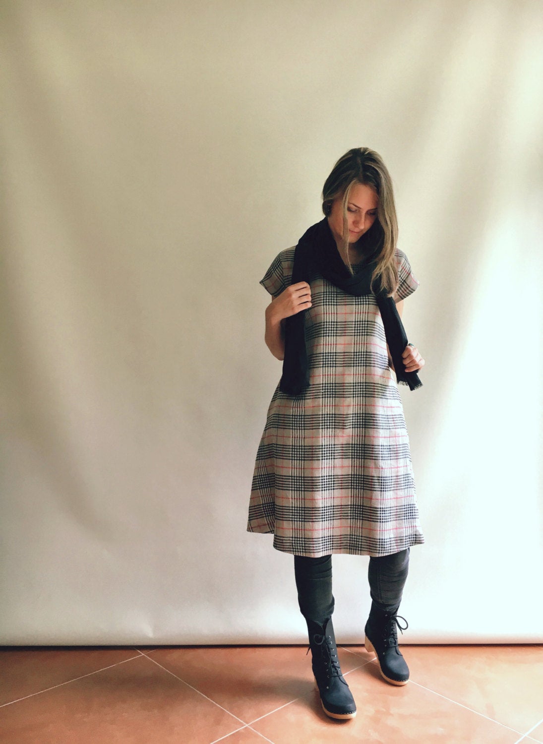 Warm Linen Dress, Autumn Dress, Mid Season Dress, Office Dress, Tartan Dress, Linen Plaid dress, XL dress, Plus size linen dress, Winter