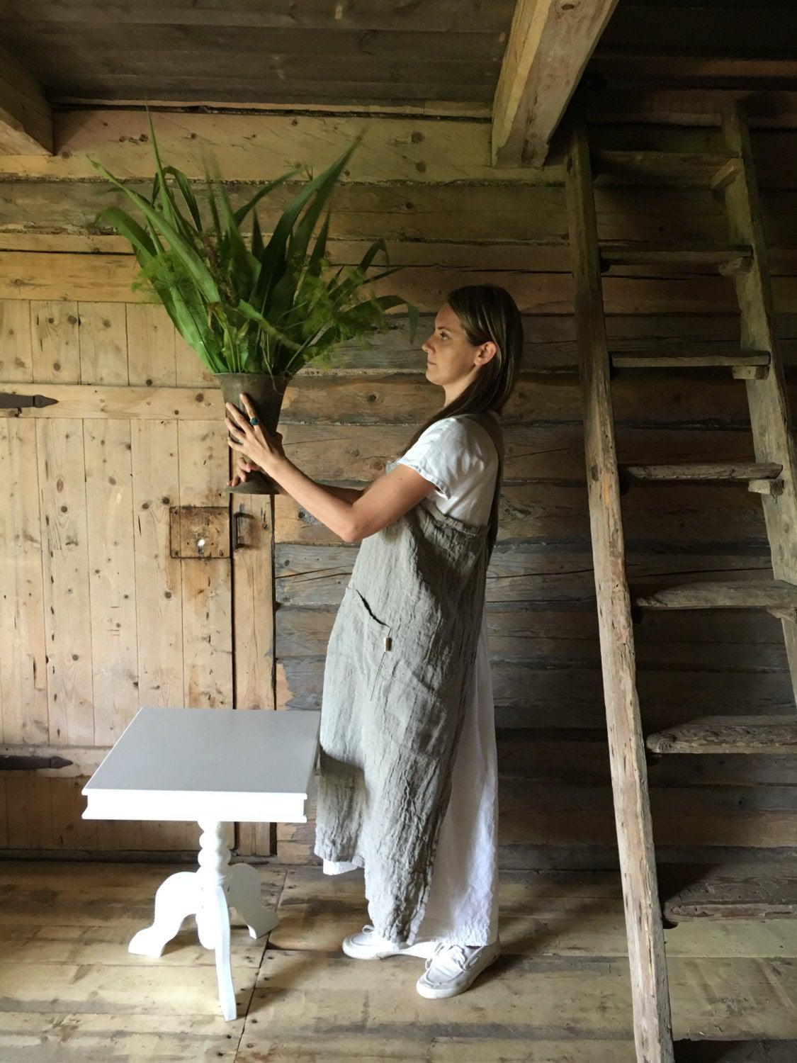 Rustic Pinafore Apron, Japanese Apron, Long Linen Apron, Kitchen Apron, Crafts Apron, Womens Apron, Vintage, Handmade, Cross over apron