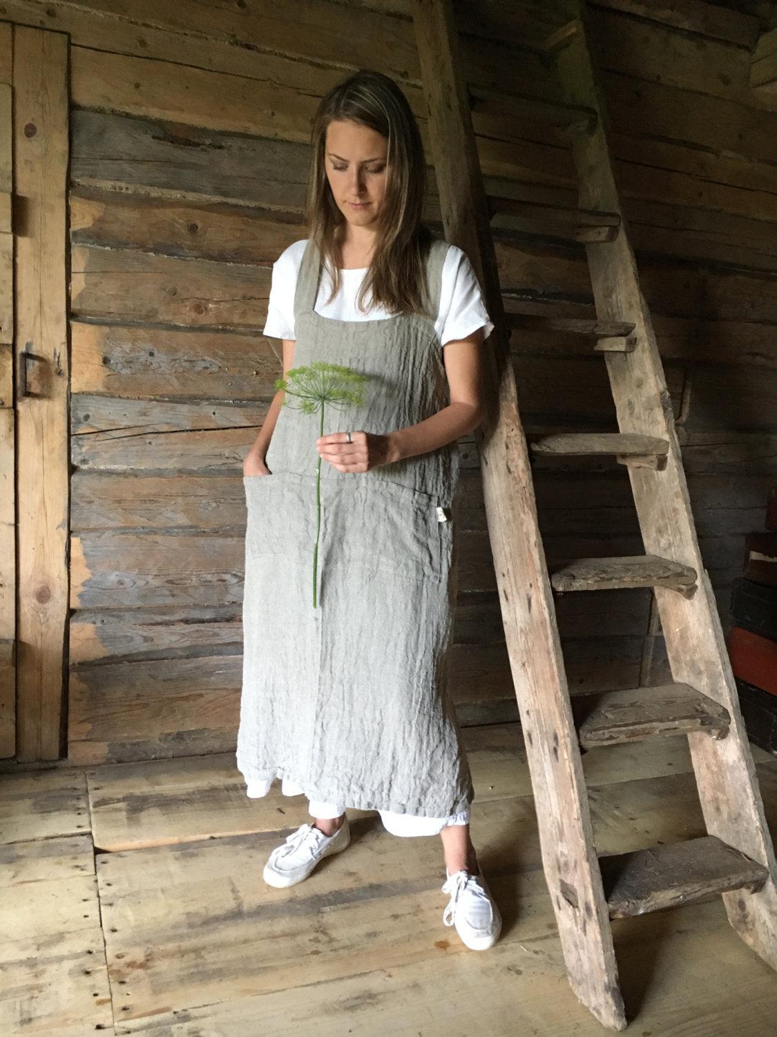 Rustic Pinafore Apron, Japanese Apron, Long Linen Apron, Kitchen Apron, Crafts Apron, Womens Apron, Vintage, Handmade, Cross over apron