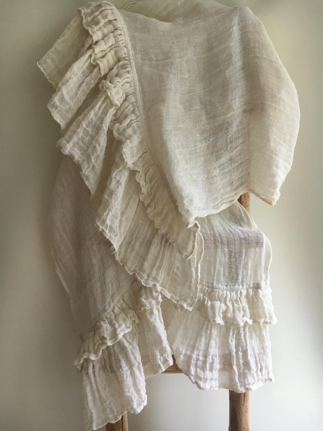 White Wrap Shawl With Ruffle, Linen Scarf With Ruffle, Wraps Shawl, Womens Shawl, Linen Shawl, Extra long linen scarf, Wedding cover, creamy