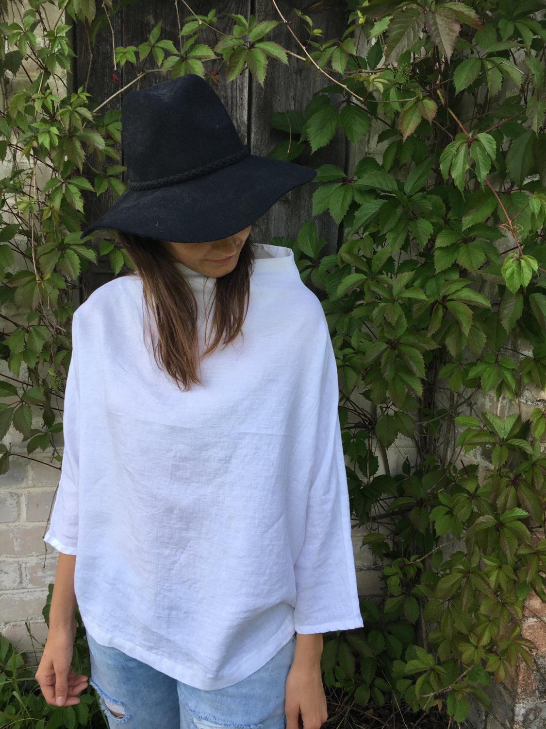 Linen Tunic with raised neck, Loose Linen Shirt, Linen blouse, Plus size top, top with 3/4 sleeves, long sleeved shirt, plus size clothing