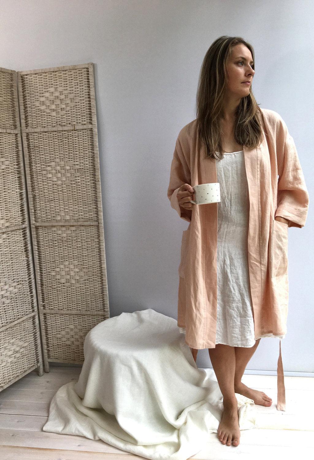 Linen robe, soft kimono robe, robe coverup, robe for bride, linen bath robe, linen night gown, morning dress, linen sleep wear, women robe