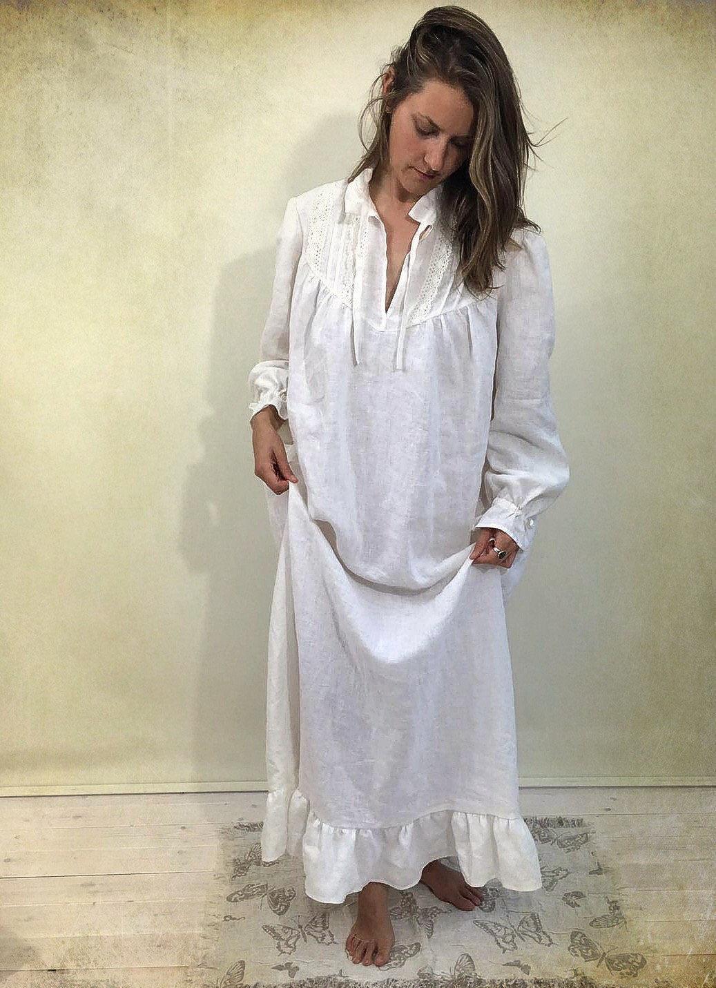 Linen nightgown, Handmade Victorian nightgown with lace Linenbee