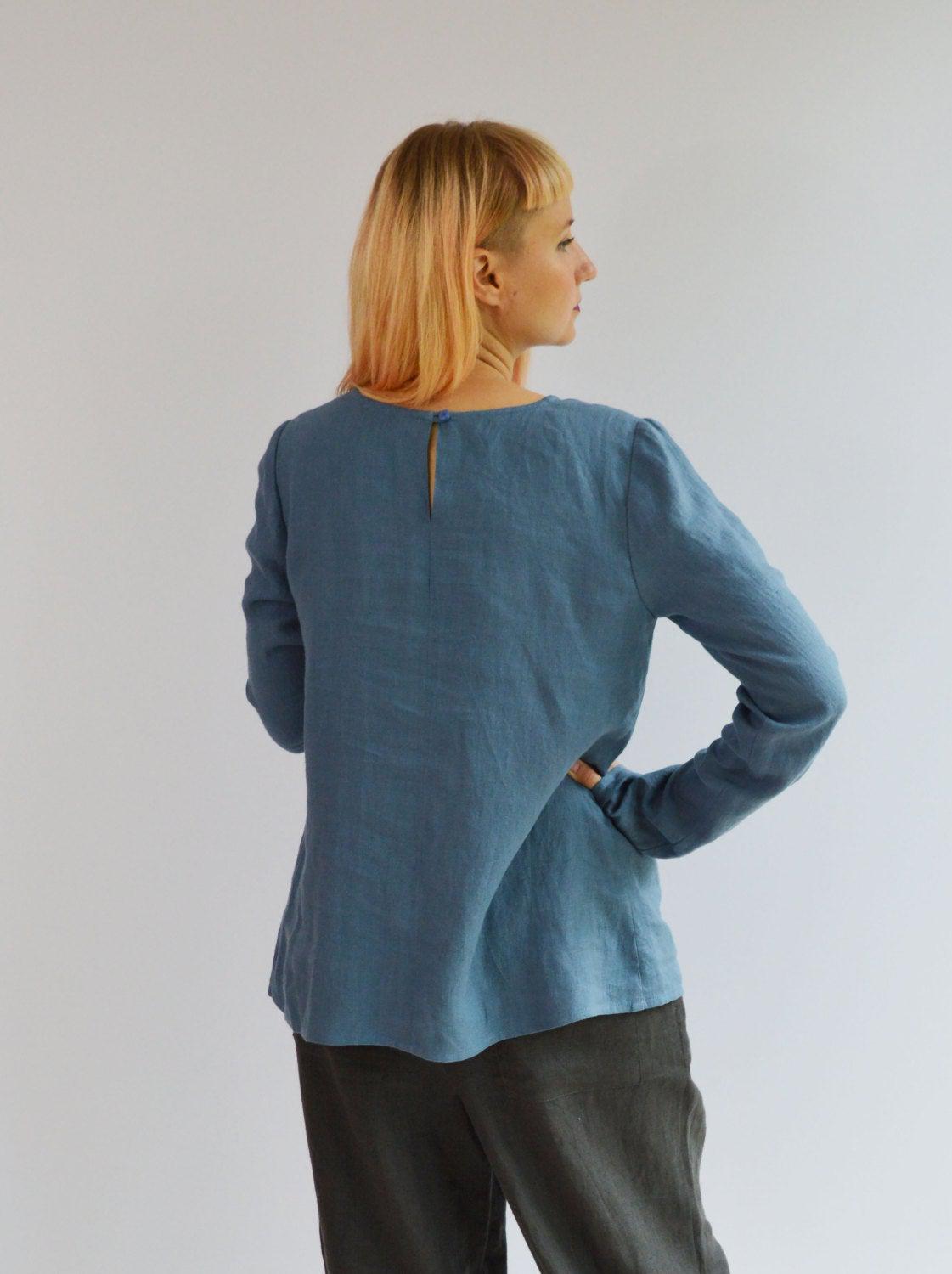 Linen Top with Long Sleeves, Linen Blouse, Linen Shirt with Sleeves, Plus size shirt, Blue Linen Blouse, Loose Linen Shirt, Plus size top