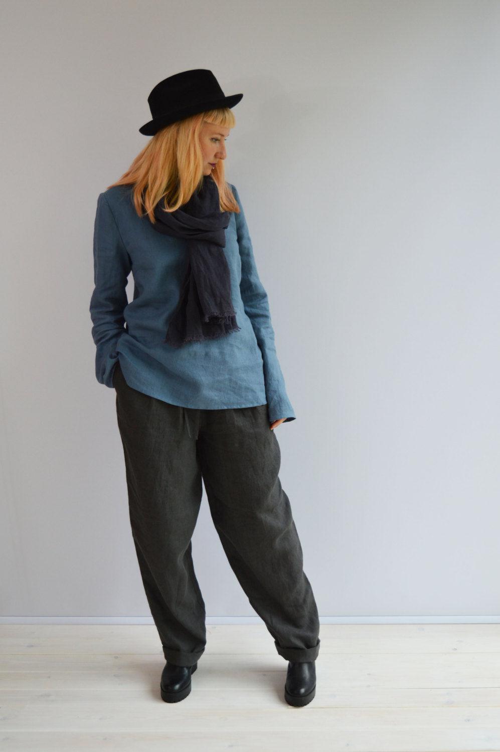 Linen Tunic Top with Long Sleeves, Linen Shirt with Sleeves, Plus size shirt, Black Blouse, Loose Linen Shirt, Plus size top, Black Tunic