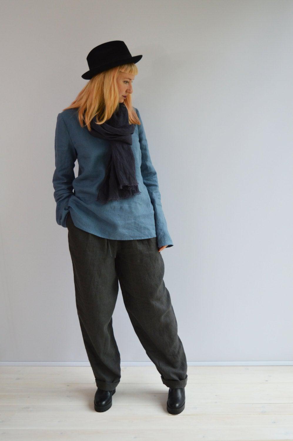 Linen Top with Long Sleeves, Linen Blouse, Linen Shirt with Sleeves, Plus size shirt, Blue Linen Blouse, Loose Linen Shirt, Plus size top