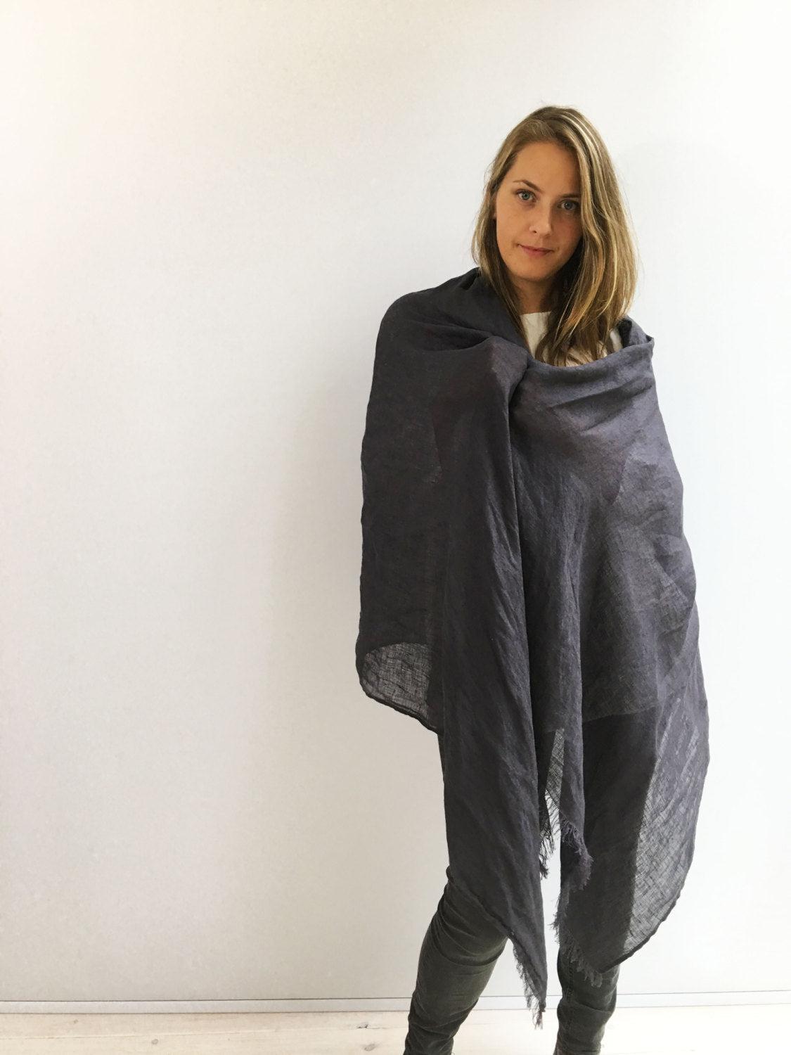 Dark Grey Oversized Scarf, Linen Shawl - Linenbee