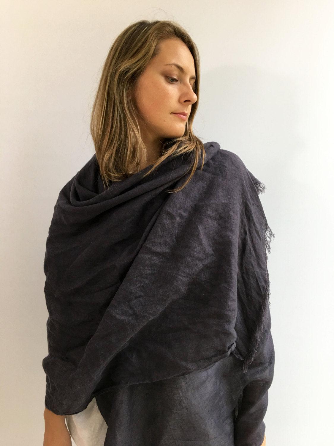 Dark Grey Oversized Scarf, Linen Shawl - Linenbee