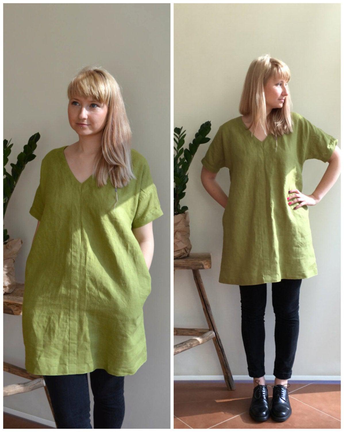 Linen Tunic Dress, Green Tunic, womens tunic, plus size tunic, linen tunics for women, linen dress with sleeves, natural linen dress, loose