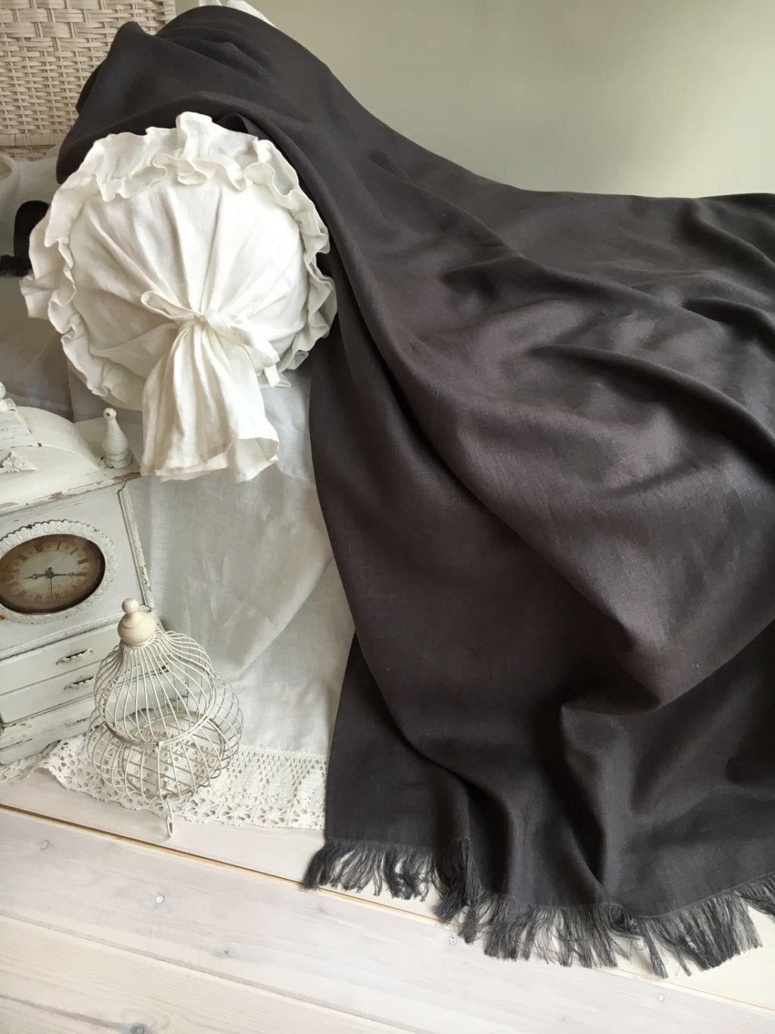Linen bed throw blanket, Grey linen bed cover, grey coverlet, linen bed cover, linen blanket, summer blanket, decorative throw, dark throw