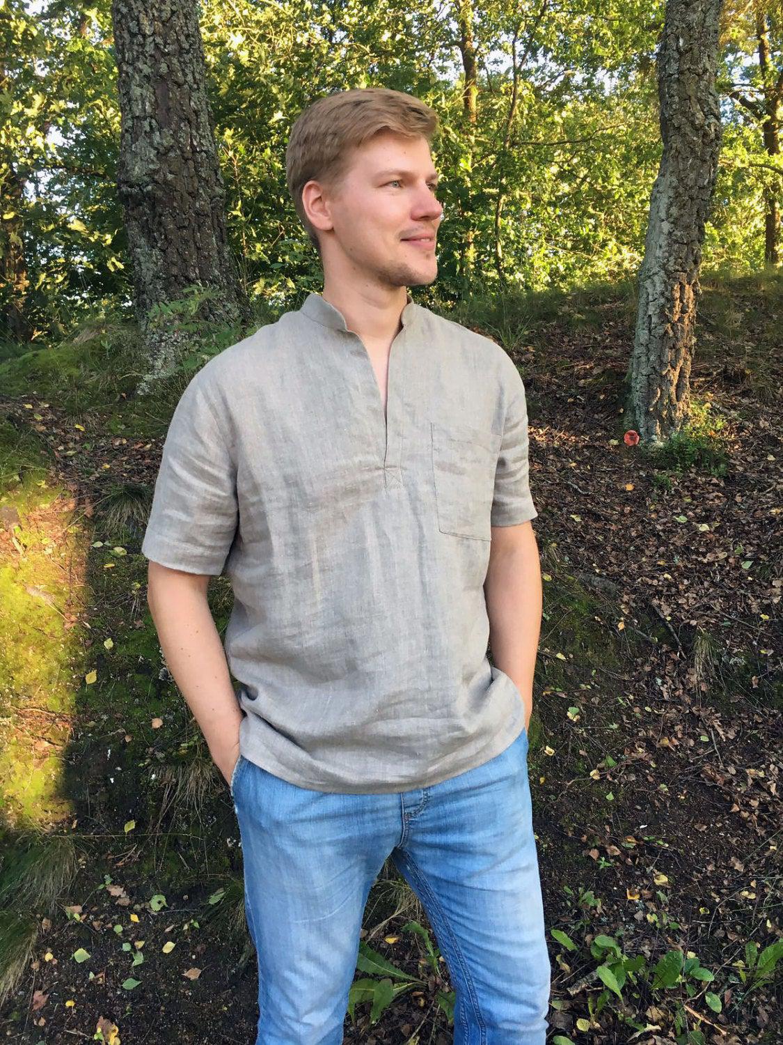 Mens Linen Shirt with Short Sleeves, Linen Polo shirt - Linenbee