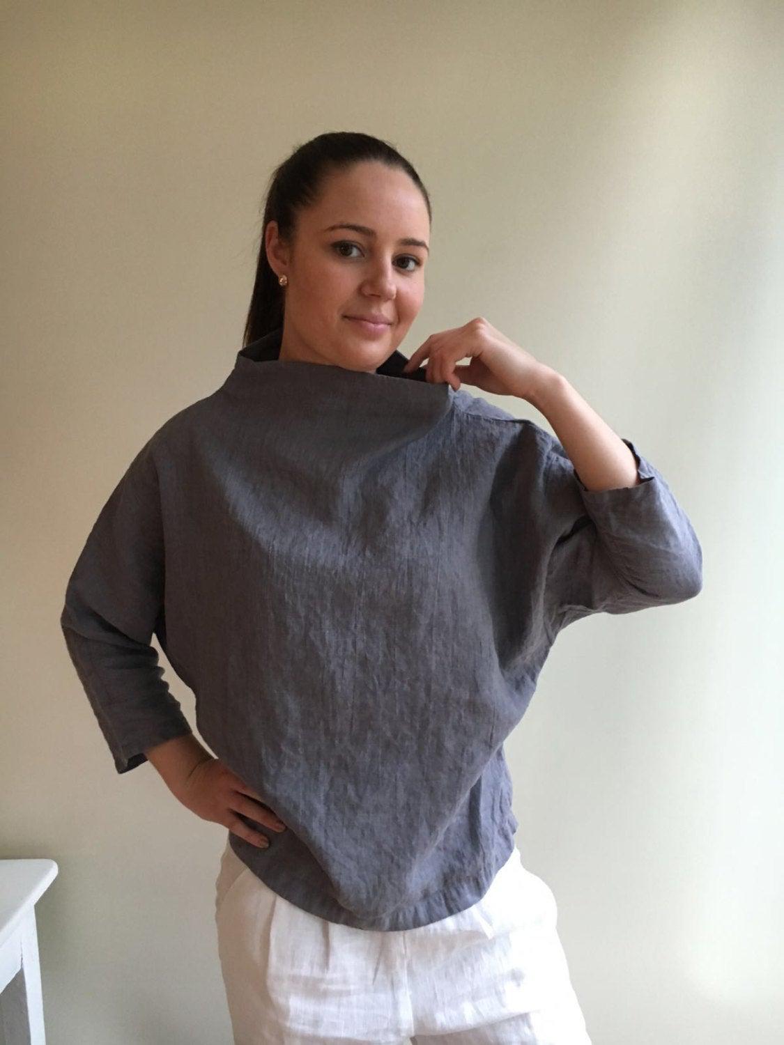 Linen Top with raised neck, Loose Linen Tunic, Linen blouse, Plus size top, shirt with 3/4 sleeves, long sleeved shirt, plus size clothing