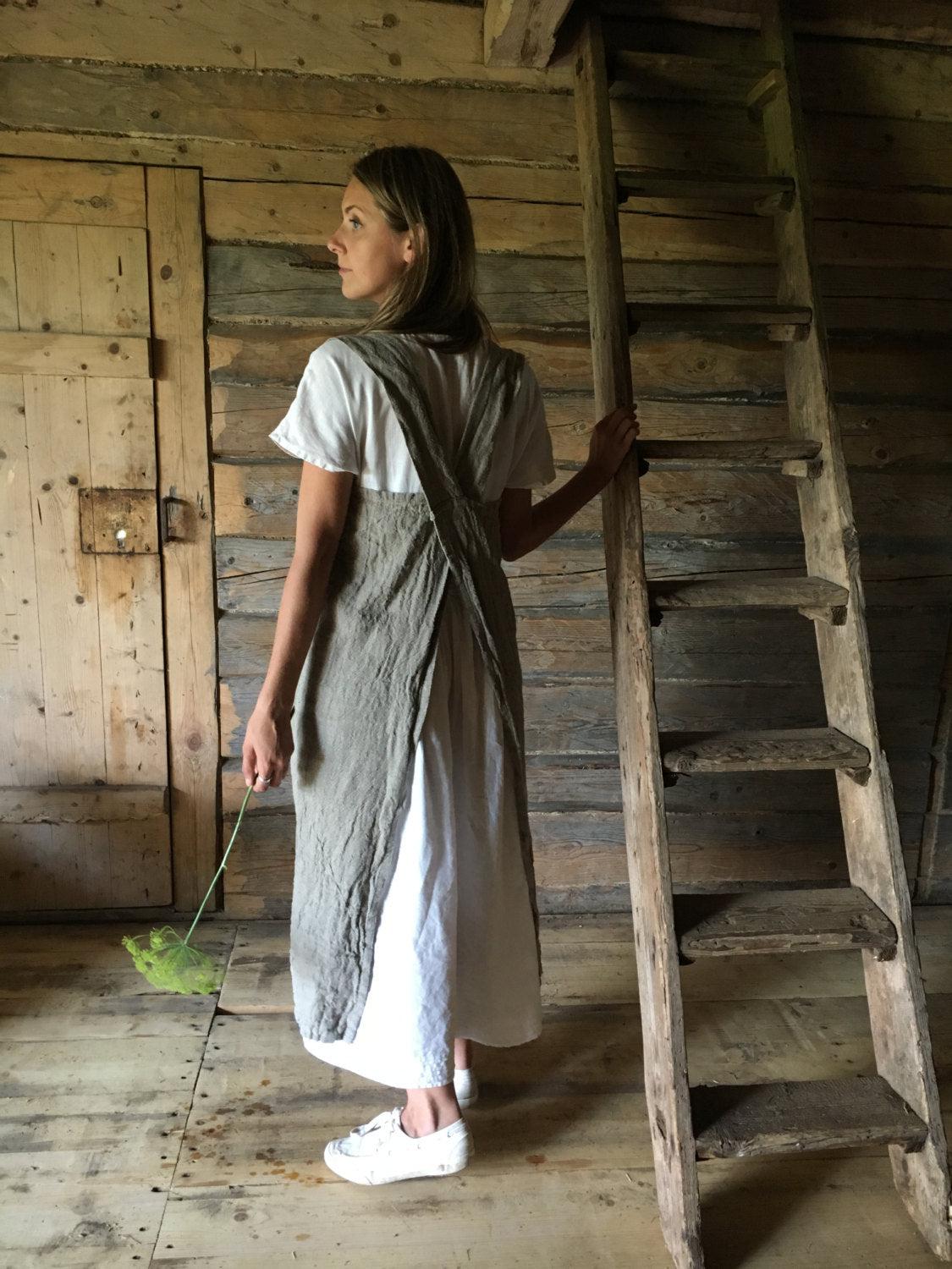 Rustic Pinafore Apron, Japanese Apron, Long Linen Apron, Kitchen Apron, Crafts Apron, Womens Apron, Vintage, Handmade, Cross over apron