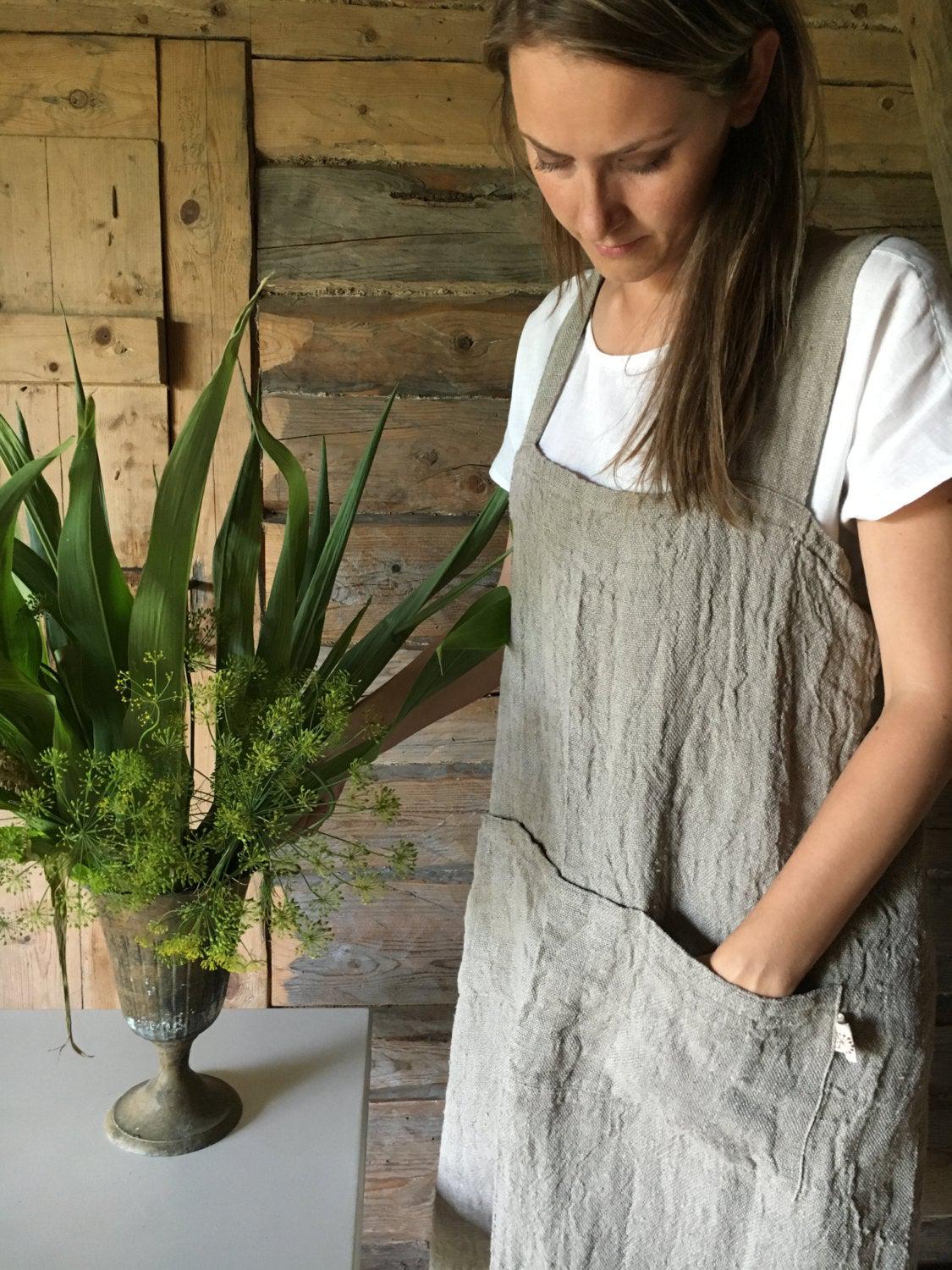 Rustic Pinafore Apron, Japanese Apron, Long Linen Apron, Kitchen Apron, Crafts Apron, Womens Apron, Vintage, Handmade, Cross over apron