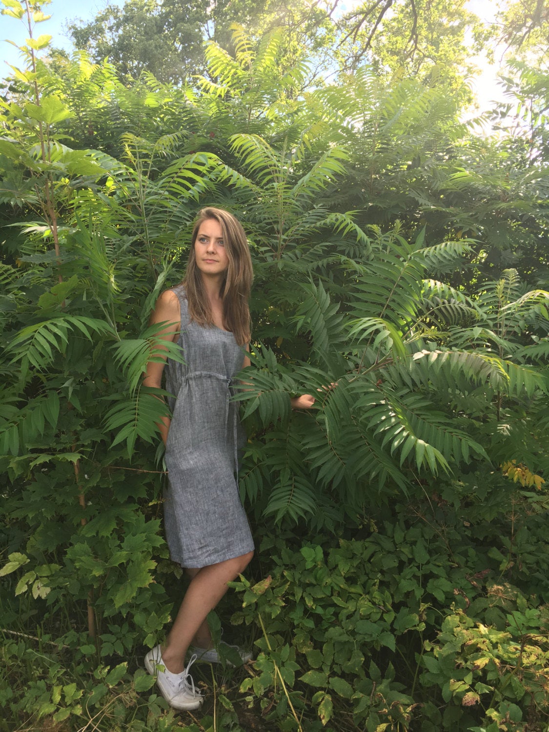 Sleeveless Pinafore Dress, Knee Length Pinafore - Linenbee Sleeveless Pinafore Dress, Knee Length Pinafore - Linenbee