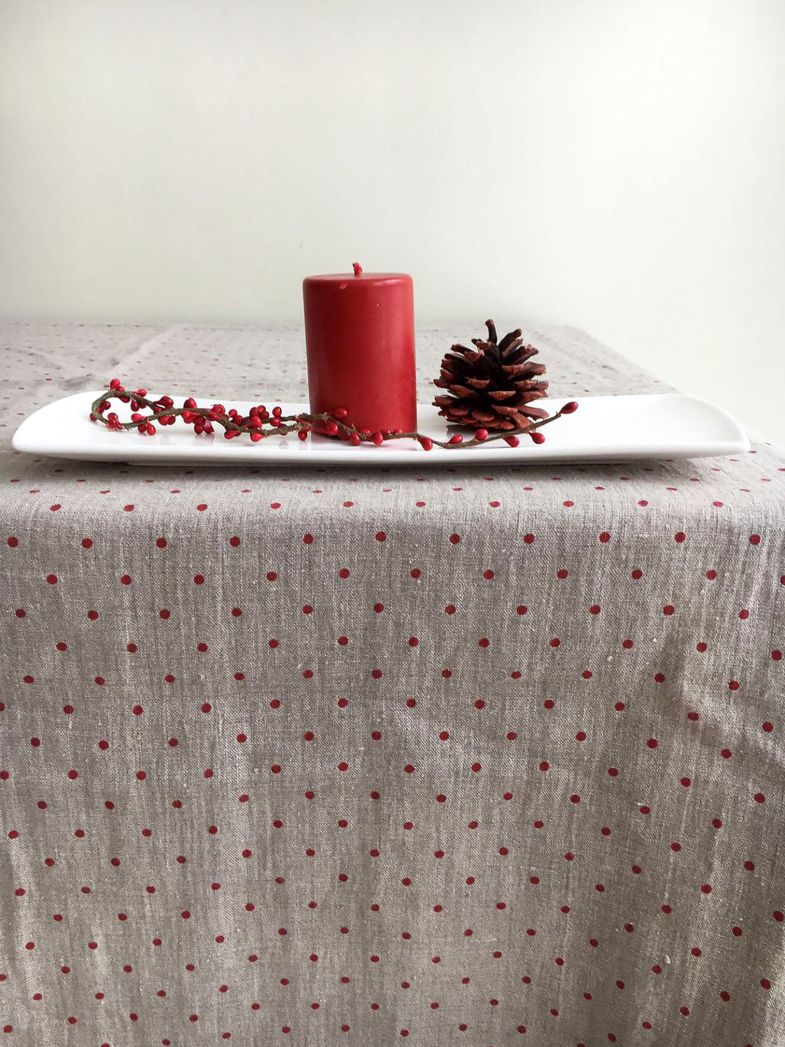 Linen Christmas tablecloth, White dotted tablecloth, Stonewashed natural linen tablecloth, rectangle tablecloth Christmas table polka dots