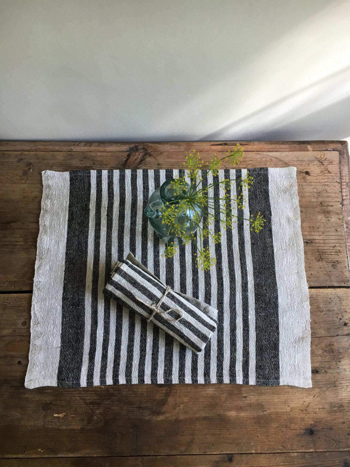 Striped Placemats, Set of 8 Rustic Placemats Linen, Burlap placemats, Reversible placemats, country placemats, Christmas table holiday fall