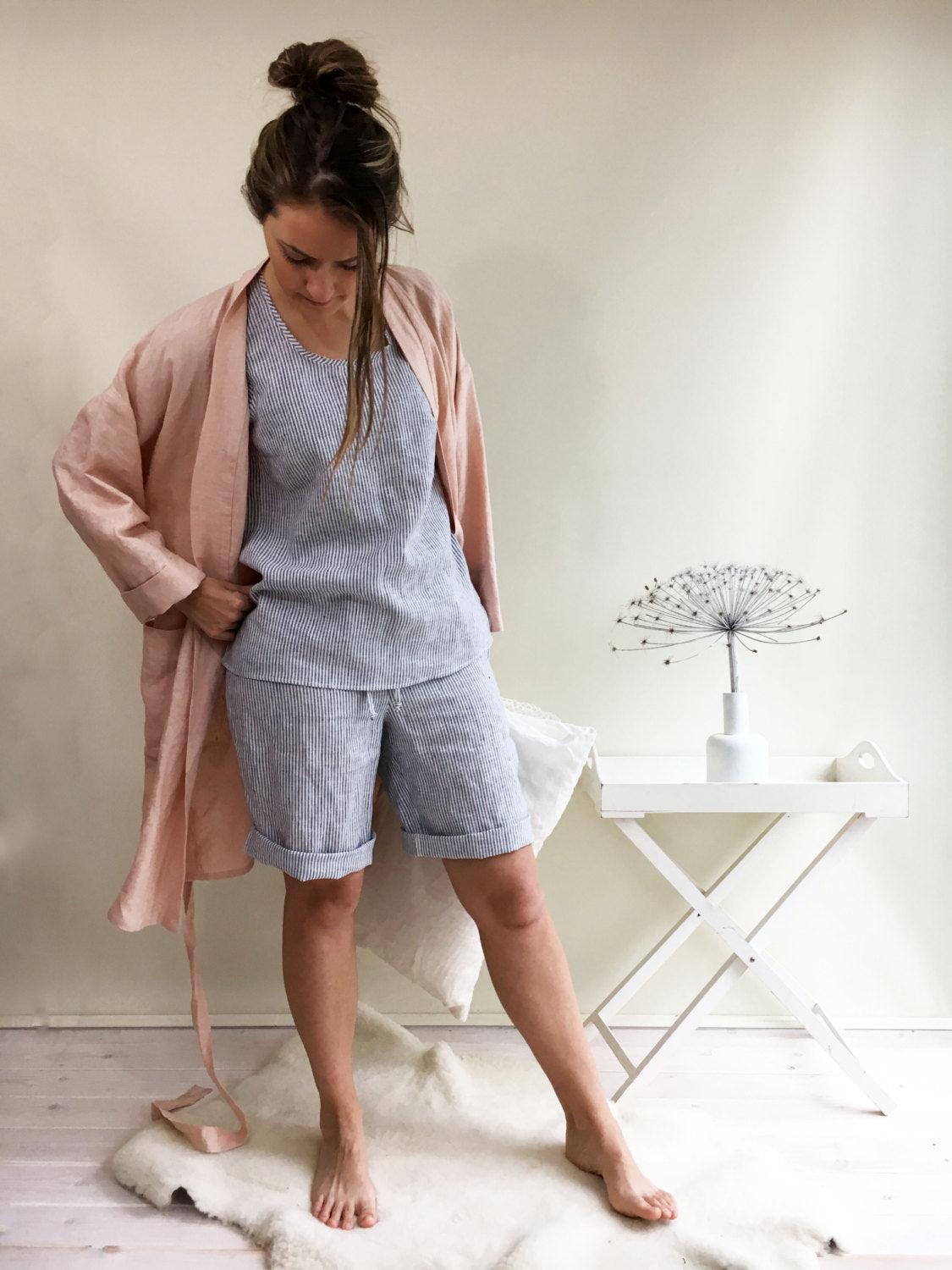 Striped Women pyjama, linen pajamas - Linenbee