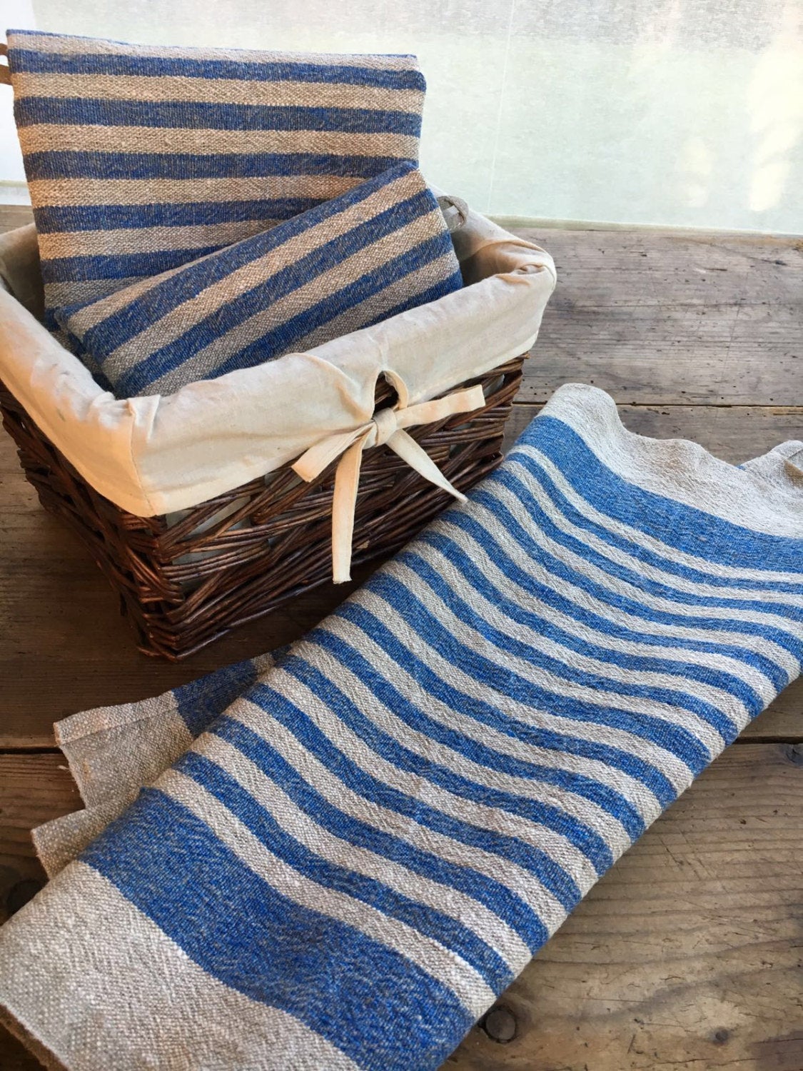 Set of 2 Linen Dish, Tea, Kitchen Towels Blue White Check. Linen