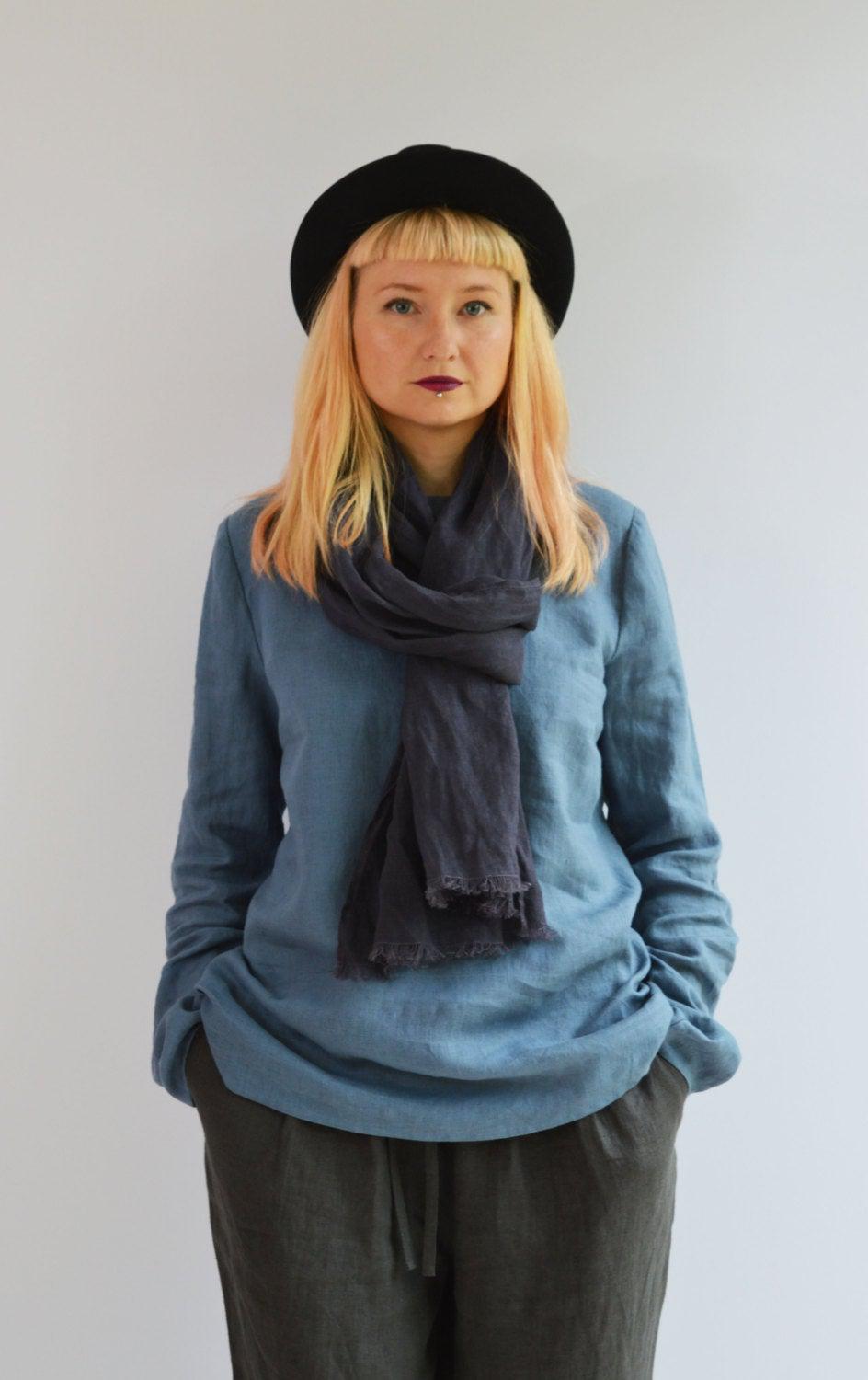 Linen Top with Long Sleeves, Linen Blouse, Linen Shirt with Sleeves, Plus size shirt, Blue Linen Blouse, Loose Linen Shirt, Plus size top