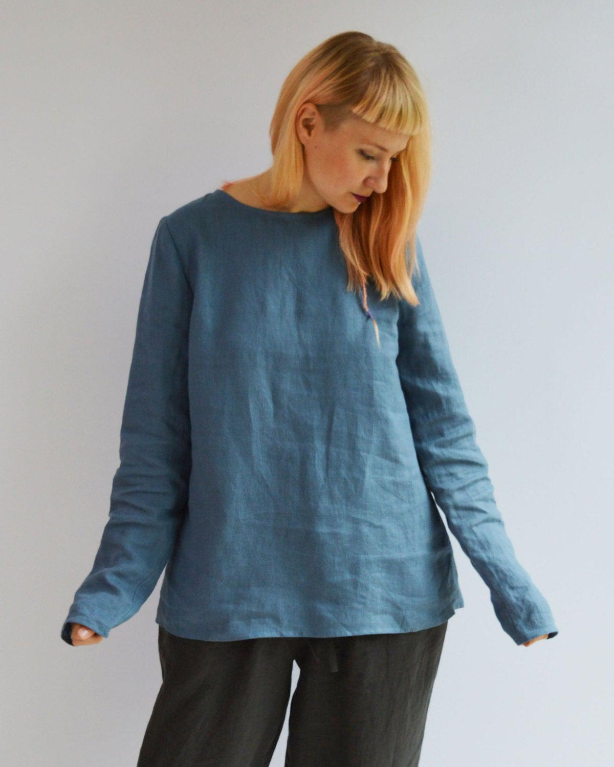 Linen Top with Long Sleeves, Linen Blouse, Linen Shirt with Sleeves, Plus size shirt, Blue Linen Blouse, Loose Linen Shirt, Plus size top
