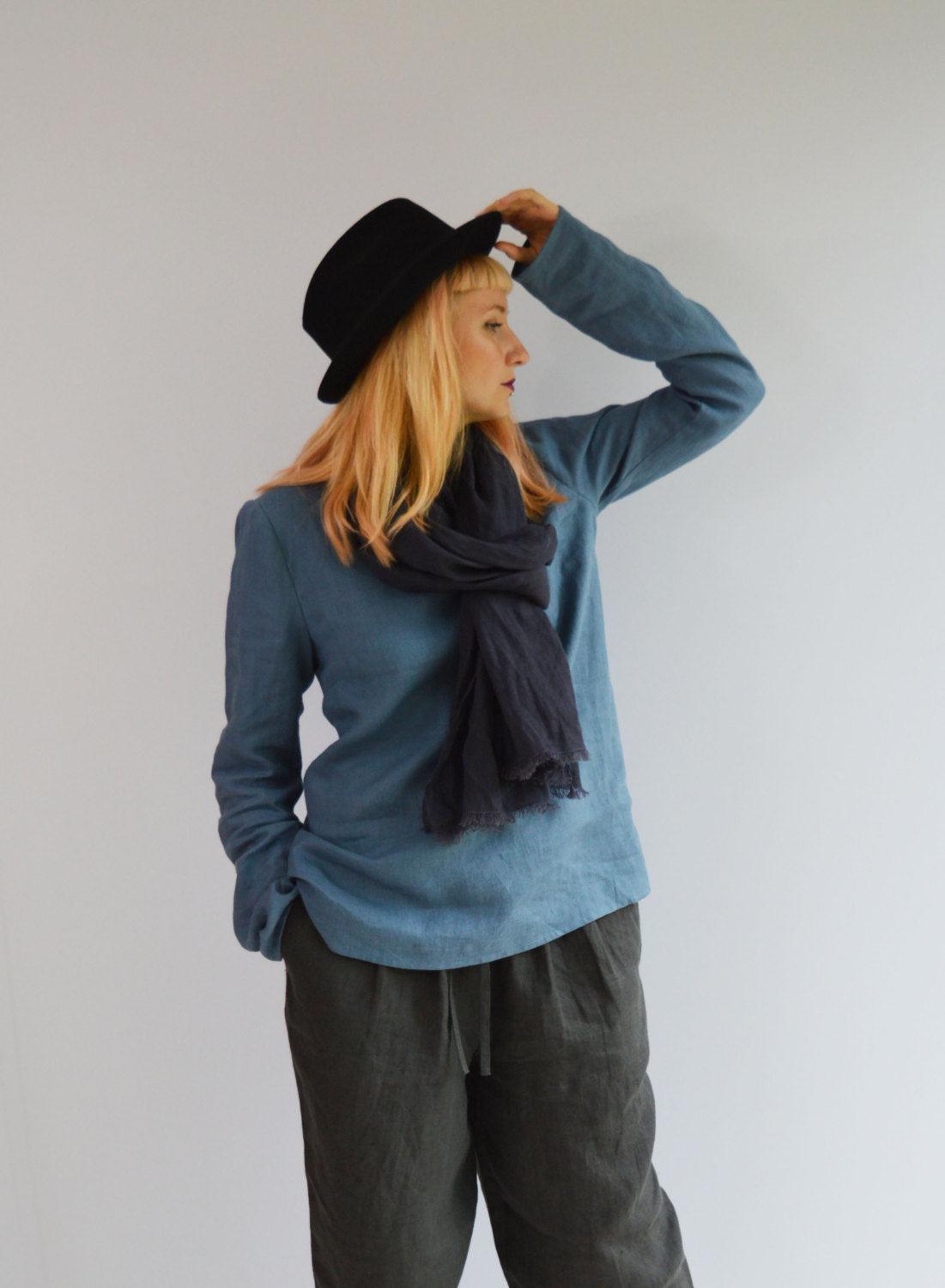 Linen Top with Long Sleeves, Linen Blouse, Linen Shirt with Sleeves, Plus size shirt, Blue Linen Blouse, Loose Linen Shirt, Plus size top