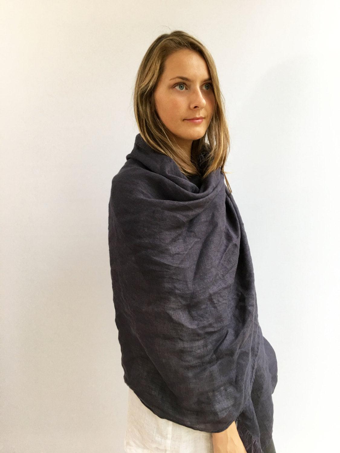 Dark Grey Oversized Scarf, Linen Shawl - Linenbee