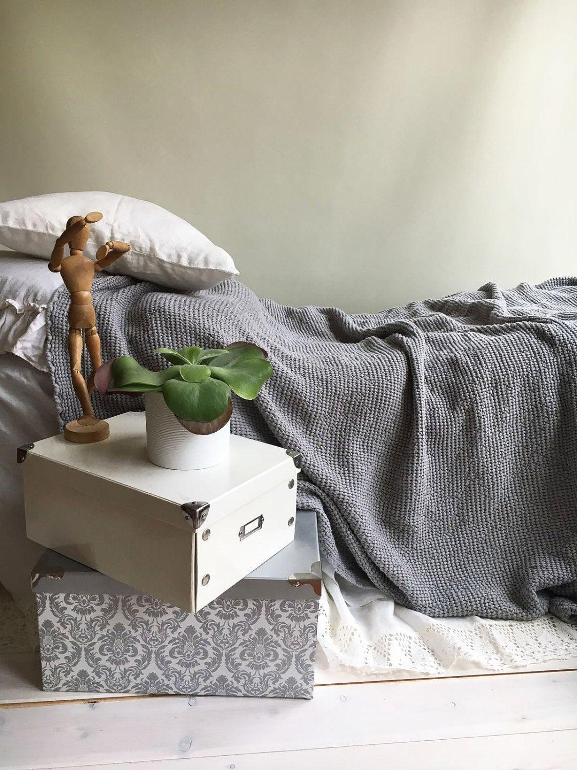 Thick Grey Blanket, Linen and Cotton blend blanket, Voluminous Linen throw, Natural Blanket, Linen coverlet, Daybed blanket, Christmas gift