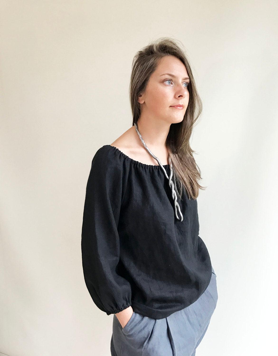 Off the shoulder Top, Boho Linen Blouse, Black Linen Top, Linen Top Boho, Off the Shoulder ruffled top, Black Linen Blouse, boho ethnic