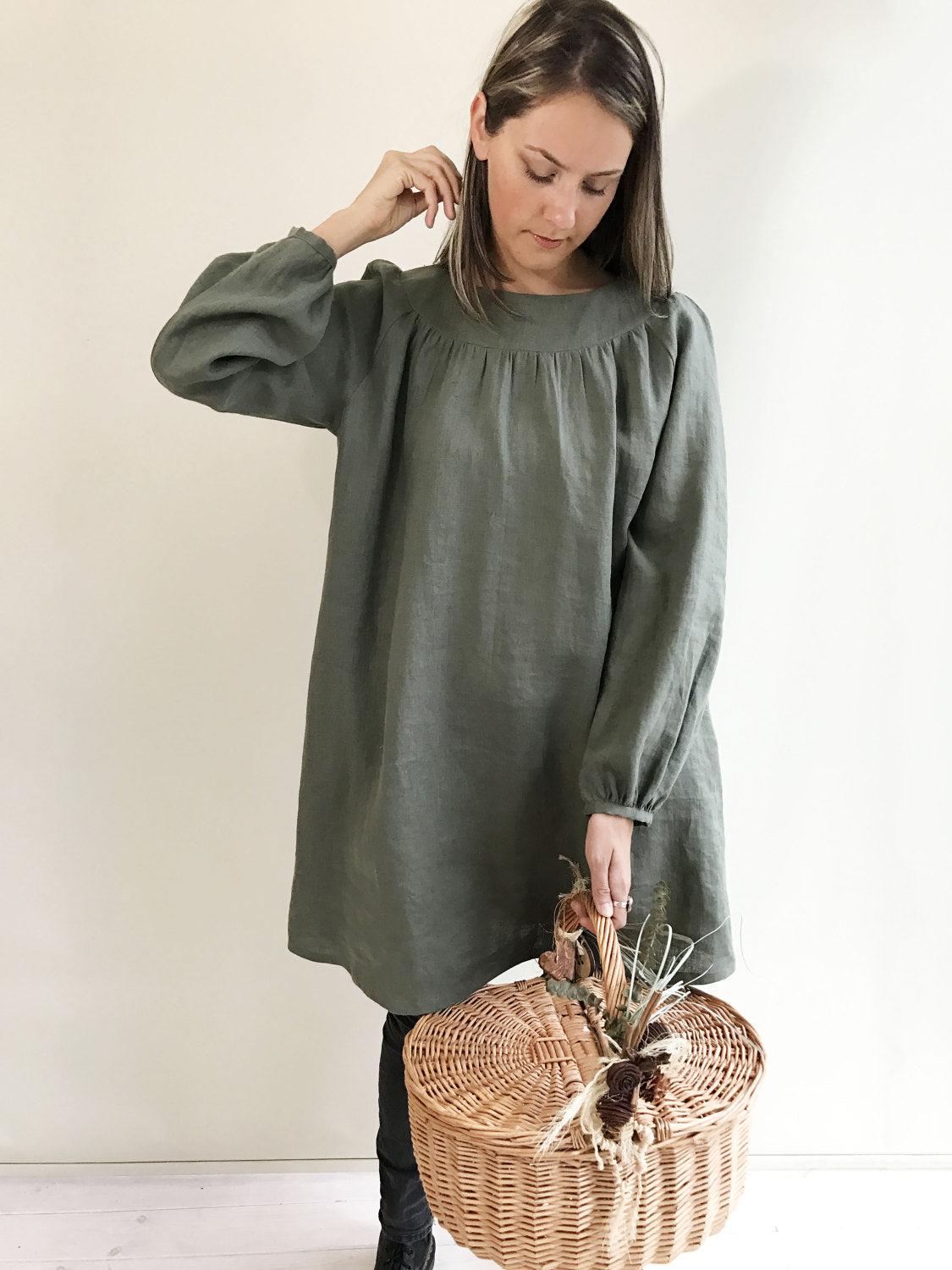 Loose Linen Tunic with Beautiful Shirring, Womens Tunic, Plus Size Clothing, Linen Tunic Dress, Womens Tunic, Plus size Tunic, Green Tunic