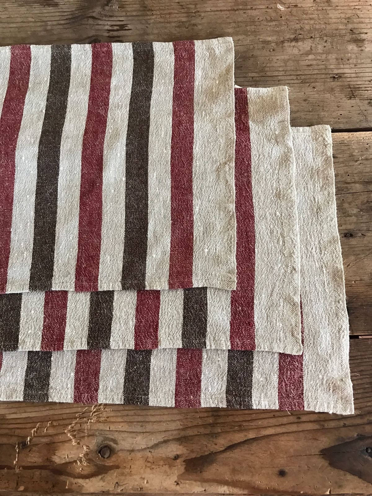 Striped linen placemats, set of 10 placemats, striped placemats, rustic placemats, country placemats, natural placemats, red black ticking