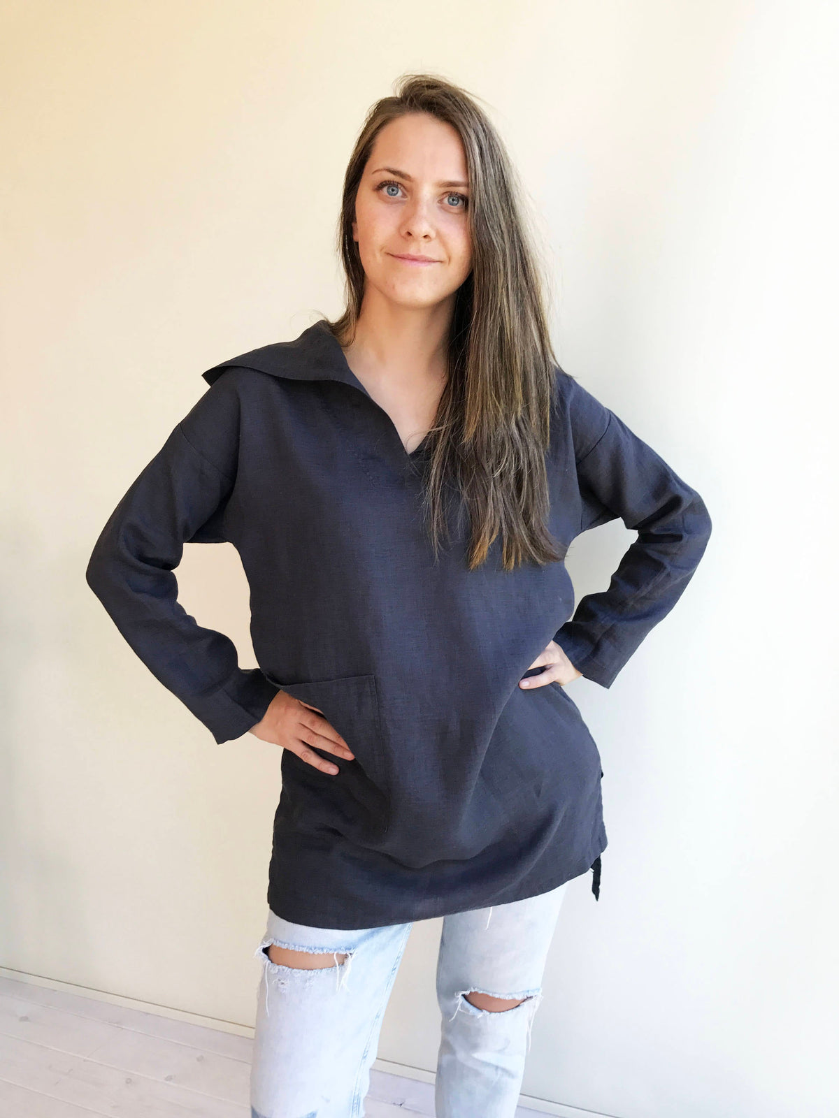 Ready to Ship Size L Tunic with a hood, Linen Tunic Top, Hooded Top, Beach Dress, Cover up, Womens Shirt, Loose Hooded Shirt Women Linen