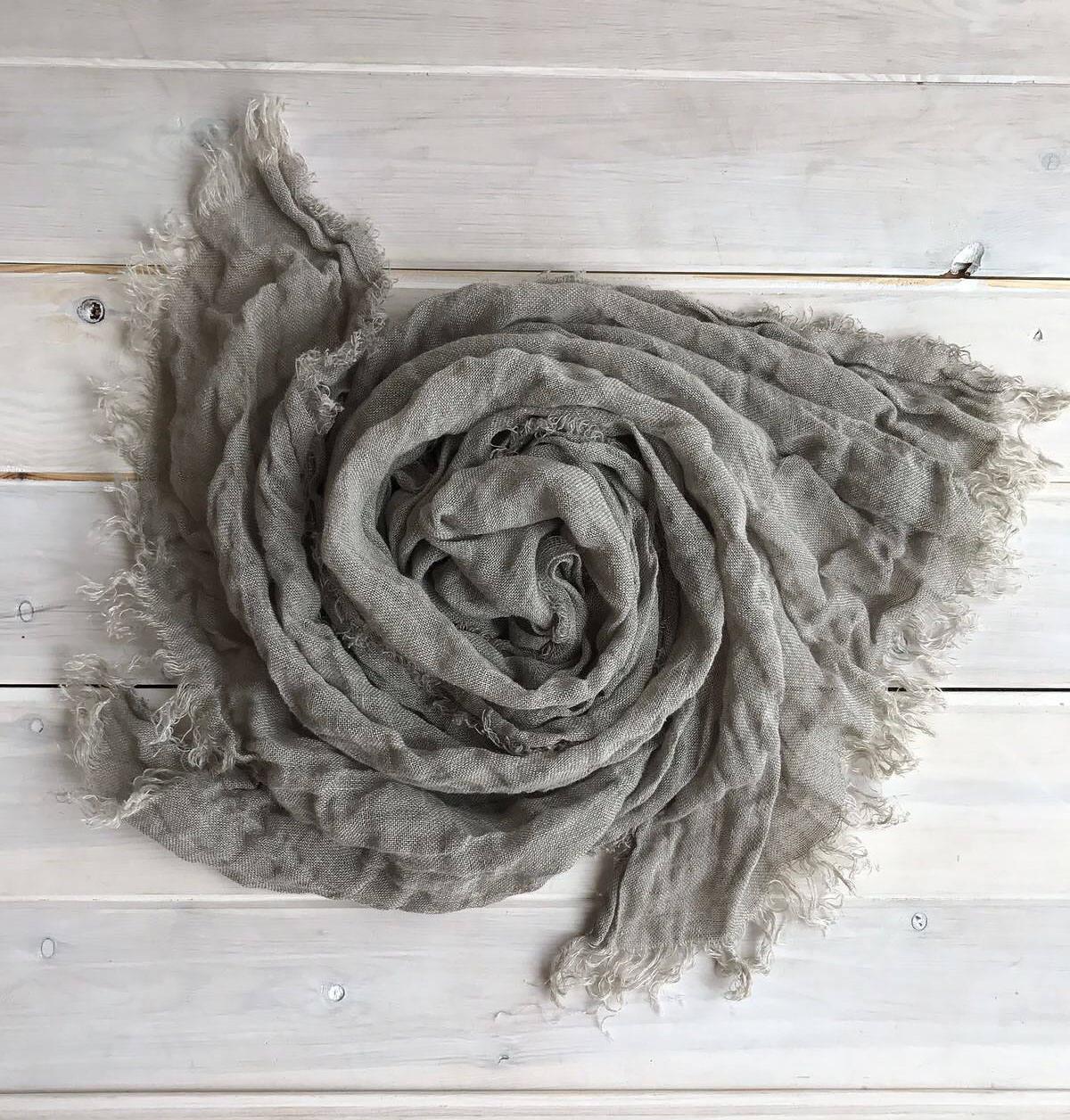 Natural Linen Scarf, Light Scarf, Taupe Scarf Linen, Soft Scarf, Scarf for Her Boho Scarf Pure Linen Scarf, Wrinkled Scarf Grey Beige