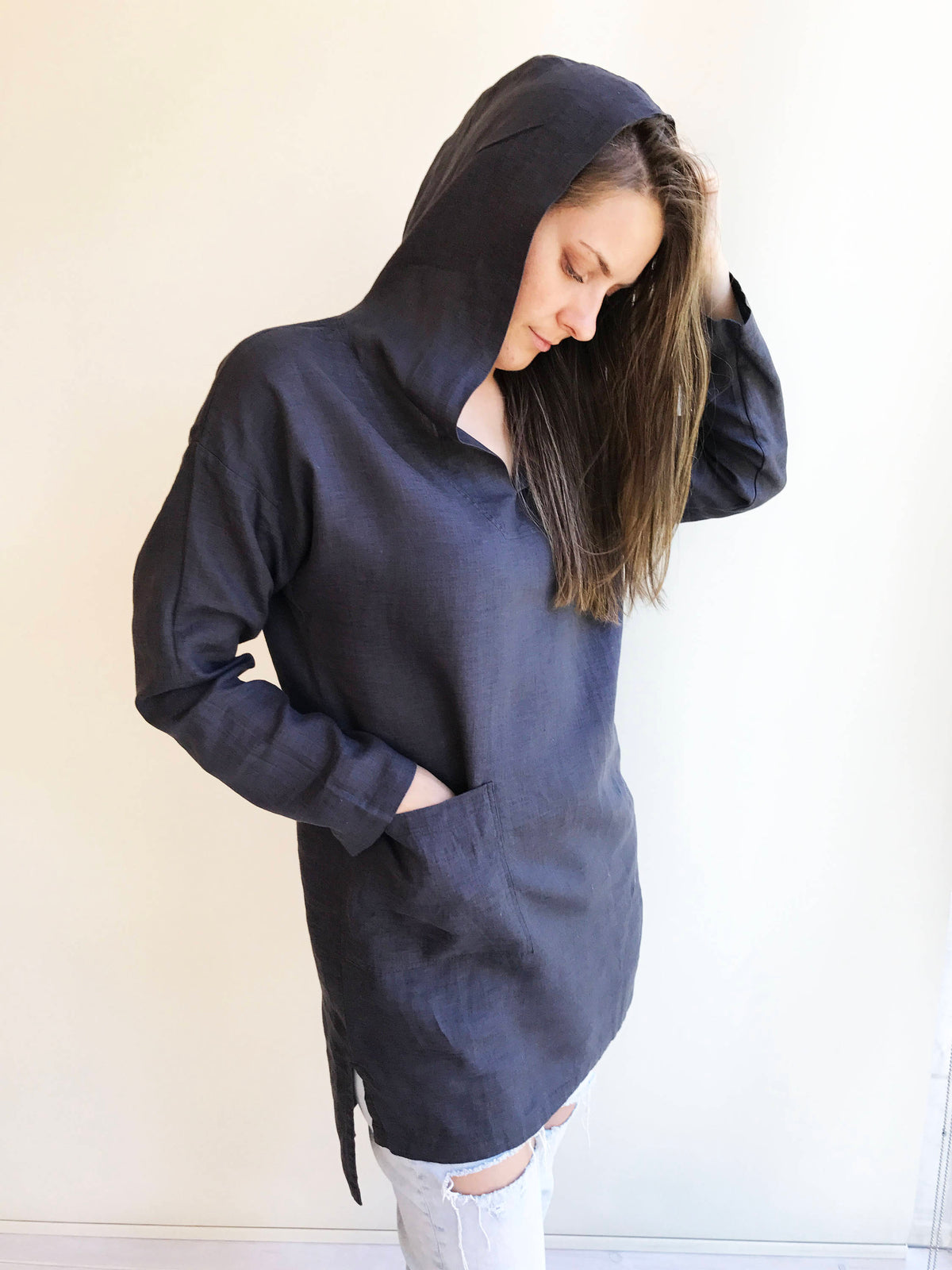 Ready to Ship Size L Tunic with a hood, Linen Tunic Top, Hooded Top, Beach Dress, Cover up, Womens Shirt, Loose Hooded Shirt Women Linen