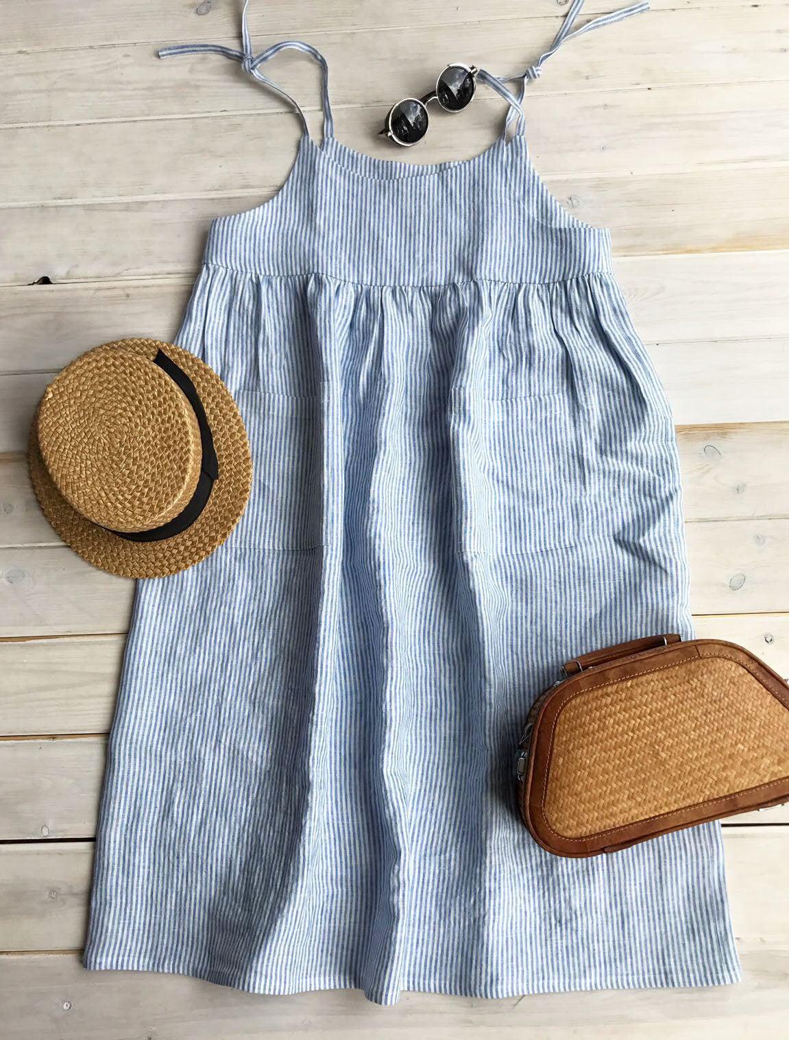 Striped Linen Sundress 'Angelica', Linen Jumper Dress - Linenbee Striped Linen Sundress 'Angelica', Linen Jumper Dress - Linenbee