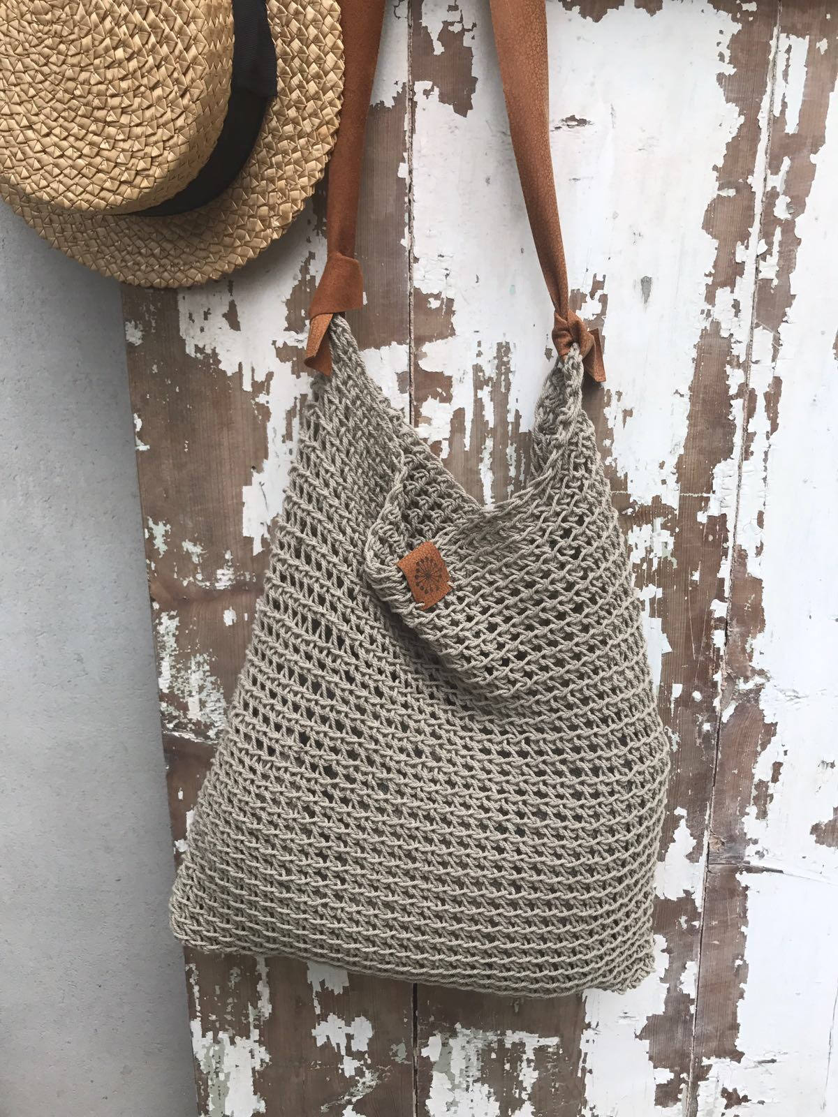 Linen Tote Bag, Rustic Shoulder Bag, Natural Summer Bag with Leather strap, Crochet tote bag, Beach bag, Crochet bag, Boho Shoulder Bag